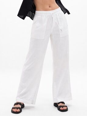 Athleta Retreat Linen High Rise Wide Leg Pants in White Beachy Coastal NWT 20